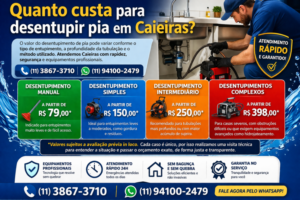 Quanto custa para desentupir pia em Caieiras