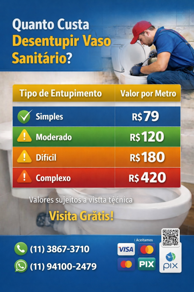 Quanto custa para desentupir vaso sanitário em Caieiras